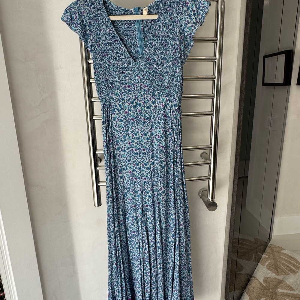 Spell Blue Floral jumpsuit with Smocked Bodice